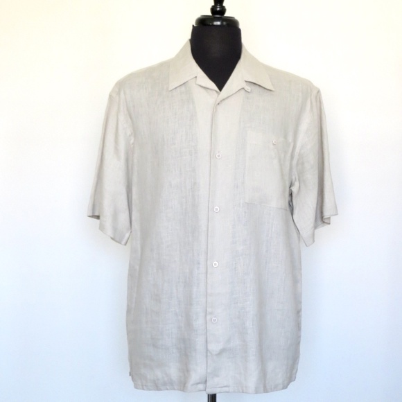 NEW! Bruno Pure 100% Linen Button Front Shirt Short Sleeve khaki Tan SZ L - Picture 1 of 5